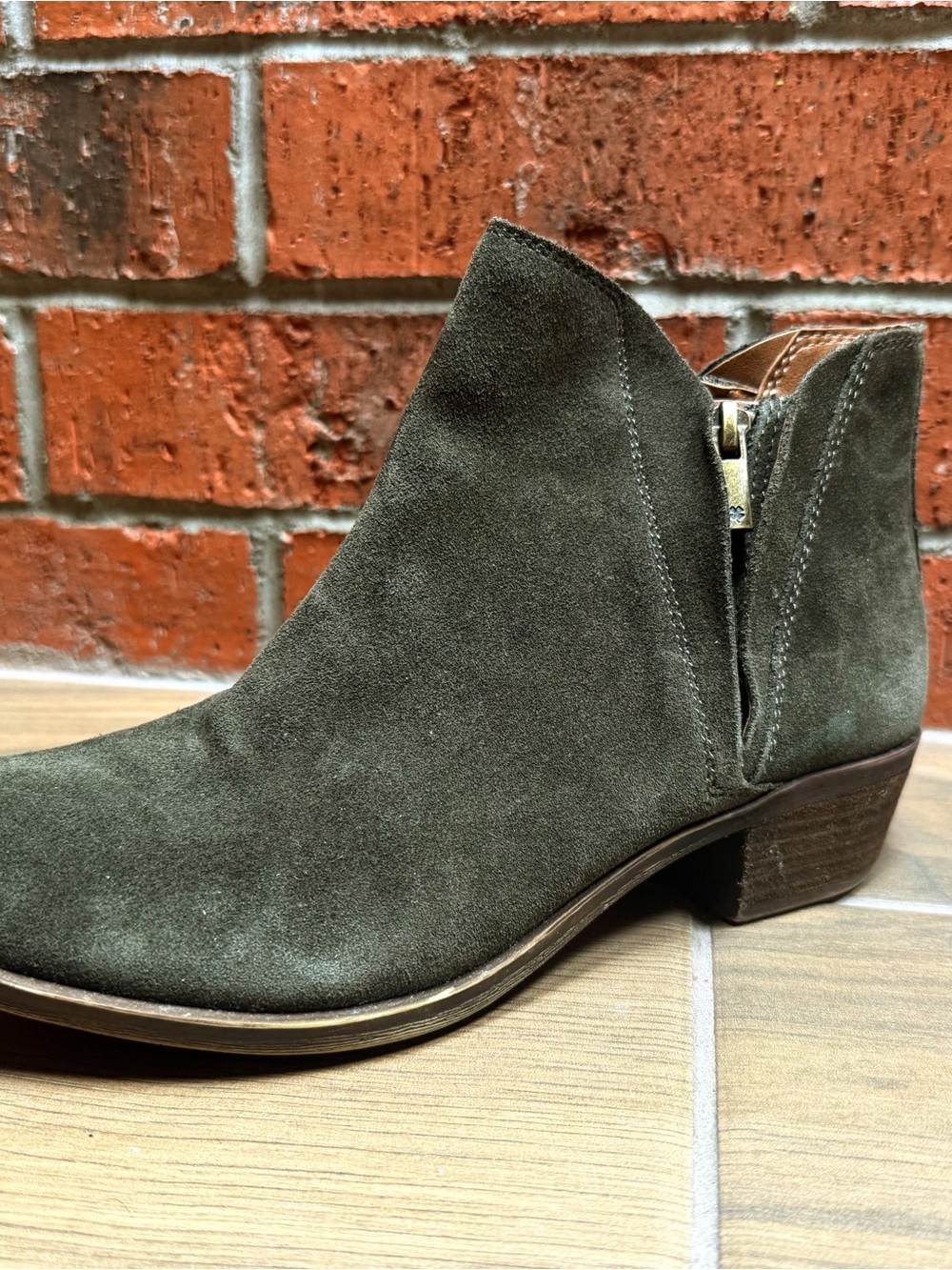 Lucky Brand Olive Suede Ankle Bootie with Side Zip